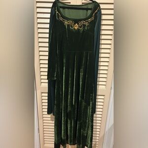 Medieval Renaissance Green Velvet Maxi Dress with Gold Embroidered Neckline New
